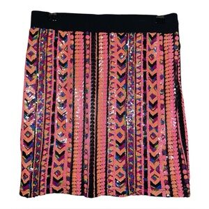 Glam Sequin Mini Skirt M Pink Multicolor Retro Pattern Party Holiday Clubwear